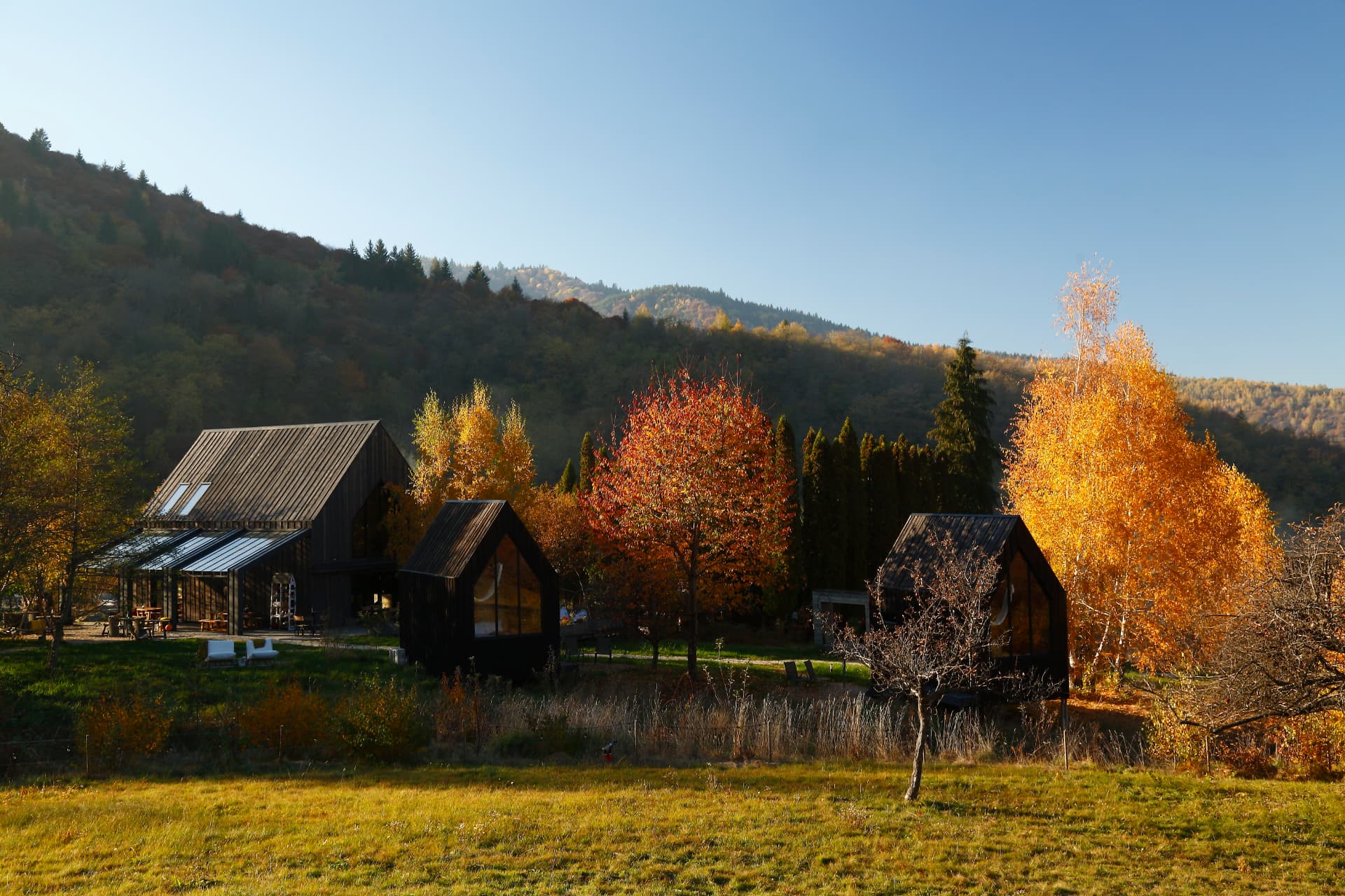 Bungalouri Portal Village într-un peisaj de toamnă, cu munți împăduriti în fundal